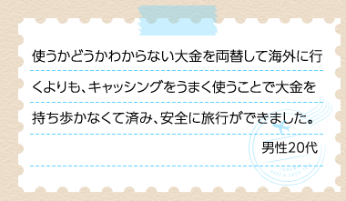 使うかどうかわからない大金を両替して海外に行くよりも、キャッシングをうまく使うことで大金を持ち歩かなくて済み、安全に旅行ができました。 男性20代