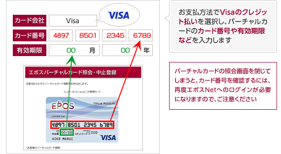 お支払方法でVisaのクレジット払いを選択し、バーチャルカードのカード番号や有効期限などを入力します　バーチャルカードの照会画面を閉じてしまうと、カード番号を確認するには、再度エポスNetへのログインが必要になりますので、ご注意ください