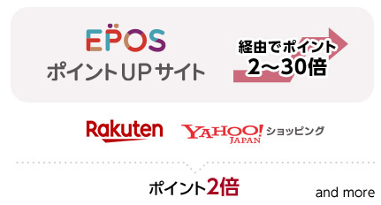 EPOSNetポイントアップサイト たまるマーケット経由でポイント2~30倍 amazon Rakuten Yahoo japanショッピング ポイント2倍 and more