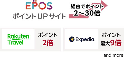 EPOSNet ポイントアップサイト たまるマーケット 経由でポイント2〜30倍 RakutenTravel ポイント2倍 Expedia.co.jp ポイント最大9倍 and more