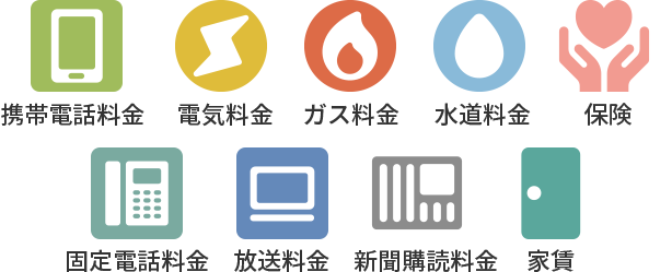 携帯電話料金 電気料金 ガス料金 水道料金 保険 固定電話料金 放送料金 新聞購読料 家賃 つみたて投資