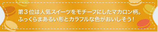 第3位は人気スイーツをモチーフにしたマカロン柄。ふっくらまあるい形とカラフルな色がおいしそう！