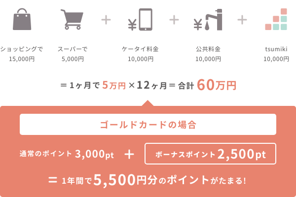 ショッピングで 15,000円+スーパーで 5,000円+ケータイ料金 10,000円+公共料金 10,000円+tsumiki 10,000円=1ヶ月で5万円×12ヶ月=60万円 ゴールドカードの場合 通常のポイント3,000pt+ボーナスポイント2,500pt=1年間で5,500円分のポイントがたまる!