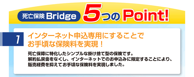 死亡保険Bridge 5つのPoint！1.インターネット申込専用にすることでお手頃な保険料を実現!