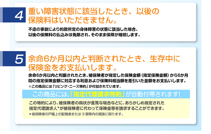 4.約款所定の身体障害の状態になられたら保険料の払込みを免除!　5.生存中に、保険金を受け取れます!