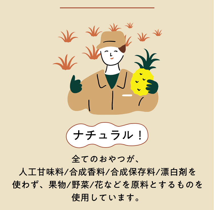 ナチュラル!全てのおやつが、
人工甘味料/合成香料/合成保存料/漂白剤を
使わず、果物/野菜/花などを原料とするものを使用しています。